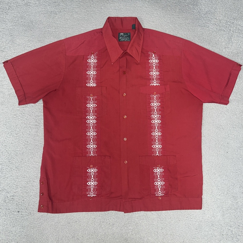 VTG Guayabera by Haband of Paterson Shirt Men's Sz XL Red Short Sleeve Button Up